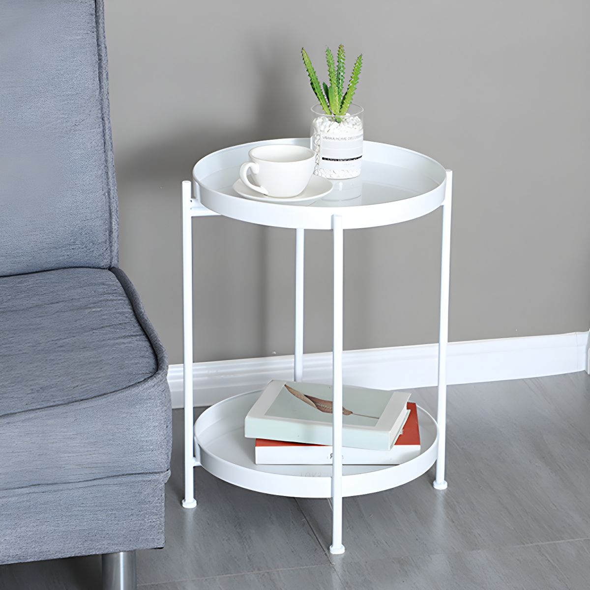 Mesa Lateral Auxiliar 2 Niveles Metalica 42x42x52cm Blanco