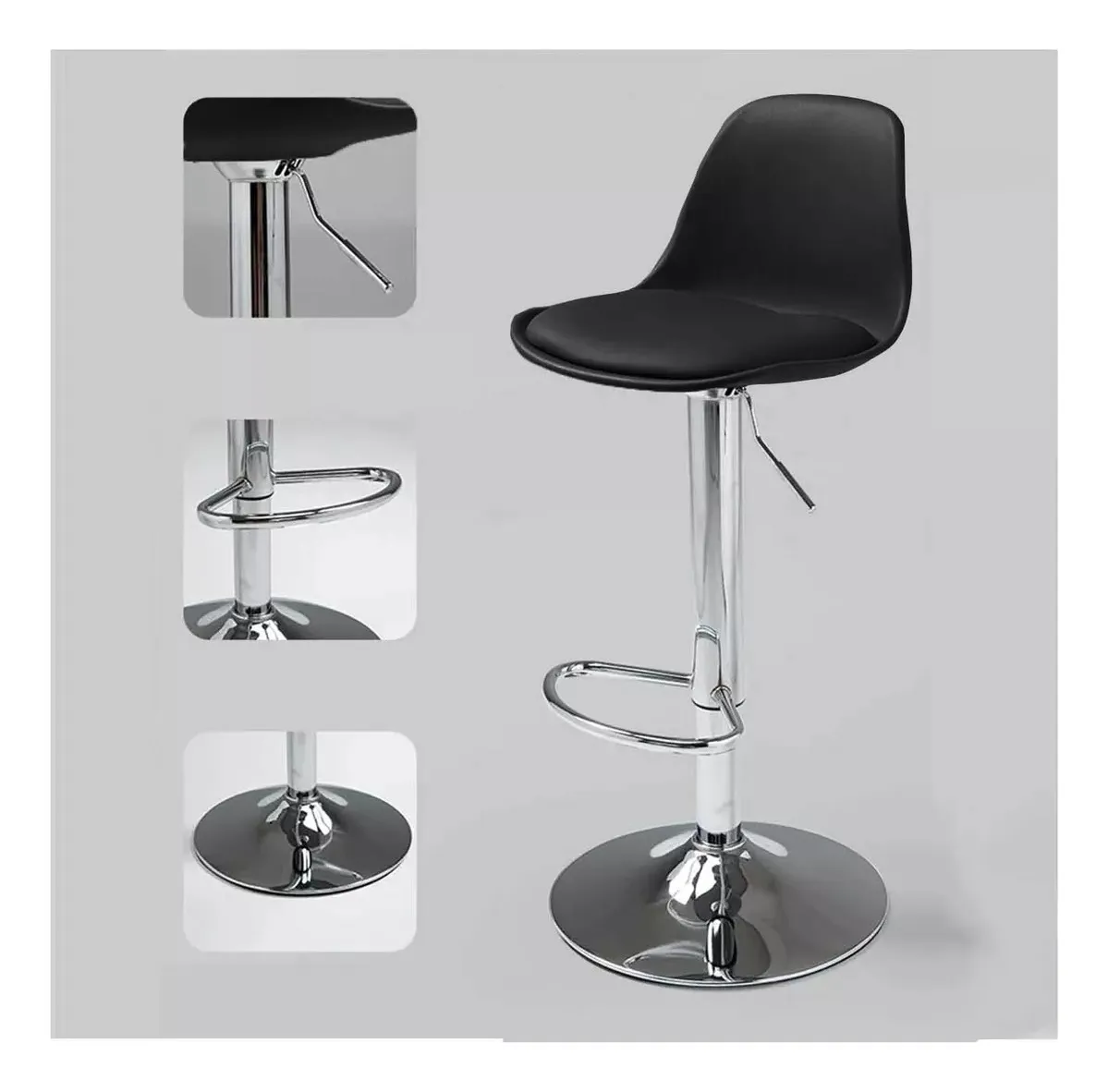 Taburete Eames con Altura Regulable Base Cromada para Cocina o Bar Negro
