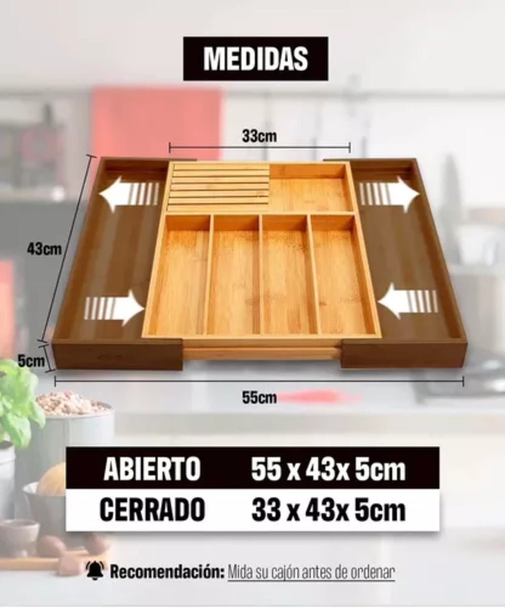 Organizador De Cubiertos Bambú Ajustable 7 Compartimientos