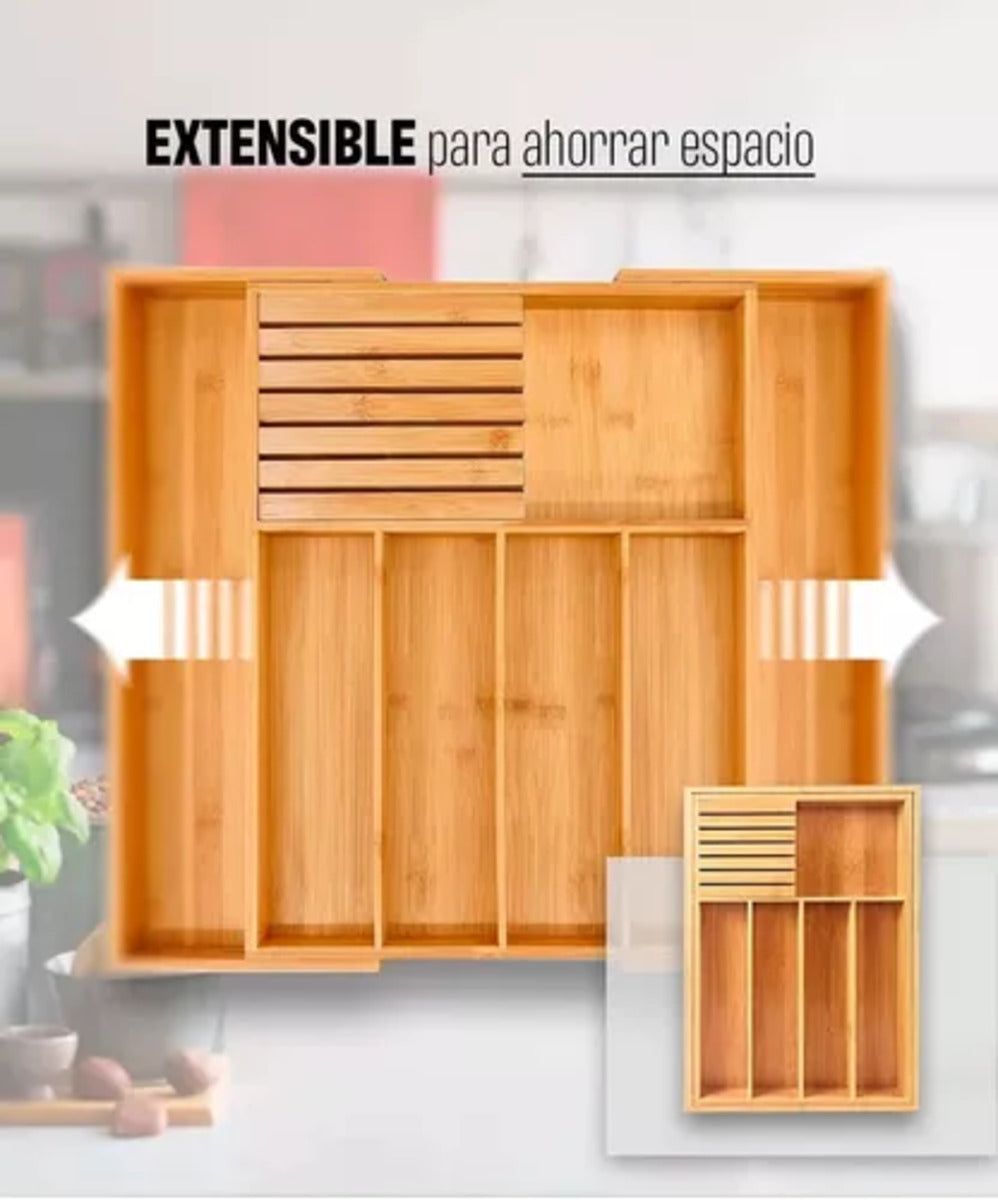 Organizador De Cubiertos Bambú Ajustable 7 Compartimientos