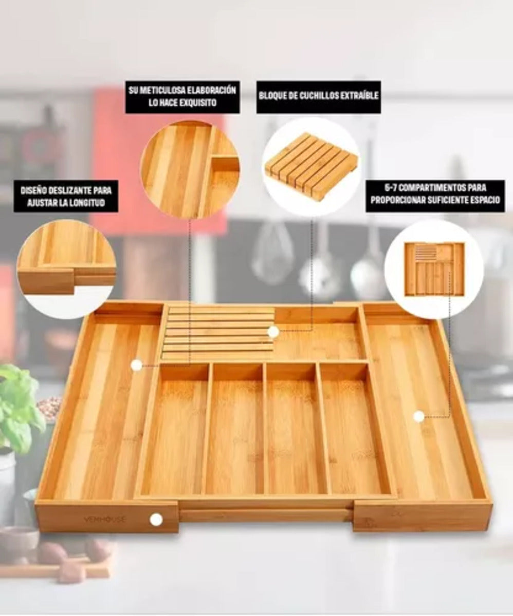Organizador De Cubiertos Bambú Ajustable 7 Compartimientos