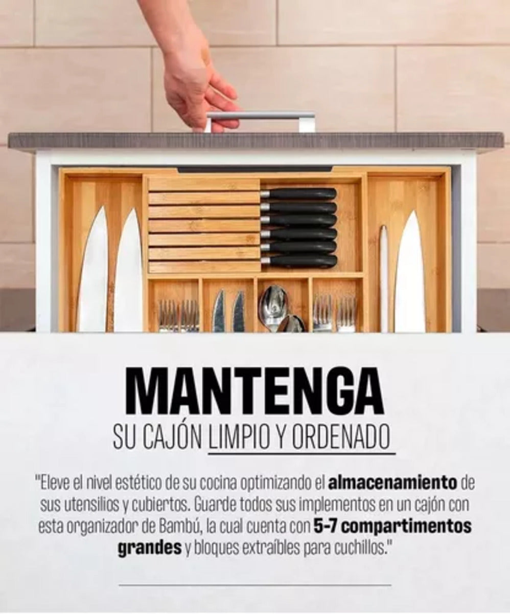 Organizador De Cubiertos Bambú Ajustable 7 Compartimientos