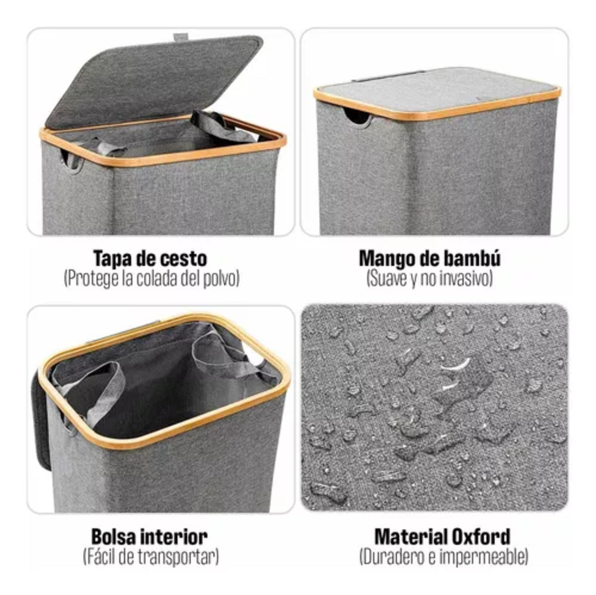 Canasto Cesta Ropa Sucia Plegable Borde Bambú 100l Gris
