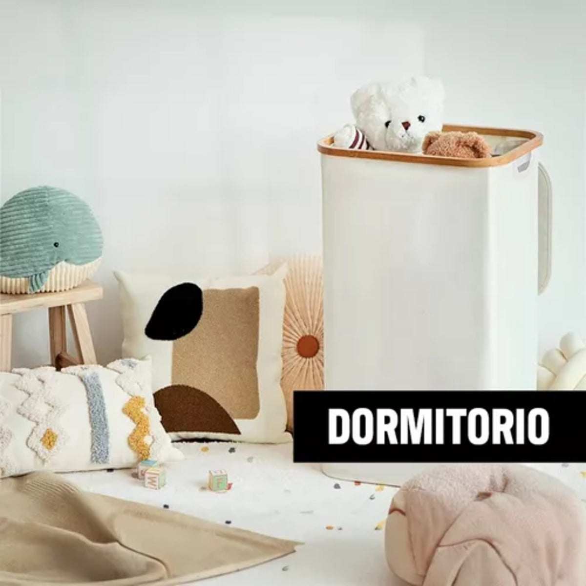 Canasto Cesta Ropa Sucia Plegable Borde Bambú 100l Beige