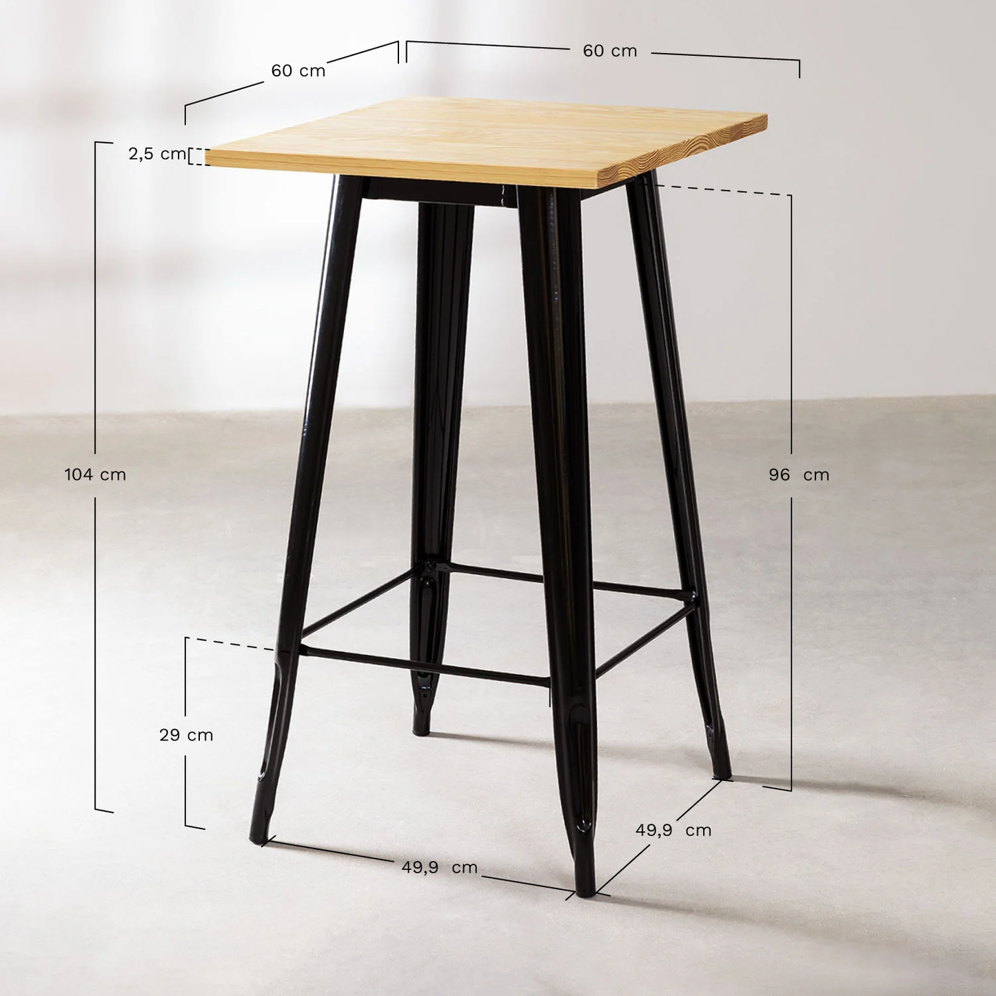 Mesa de Bar Tolix Negra con Cubierta de Madera 60x60x105