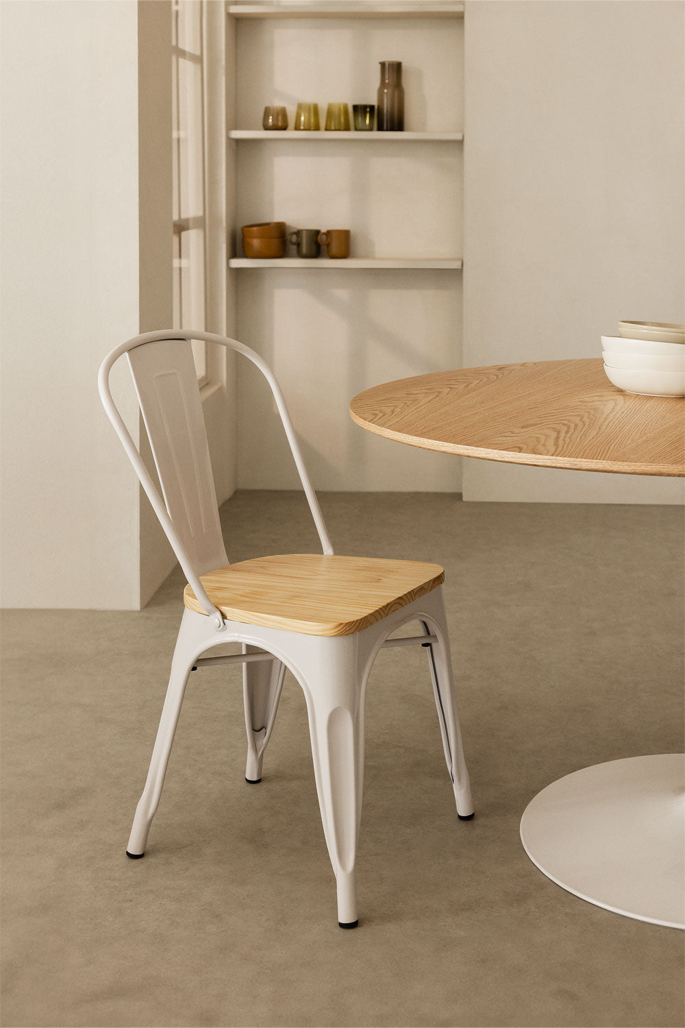 Silla Tolix con Asiento de Madera Blanca