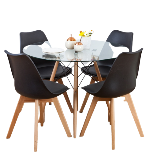 Comedor Mesa Eames Redonda De Vidrio 100cm Y 4 Sillas Tulip Negras