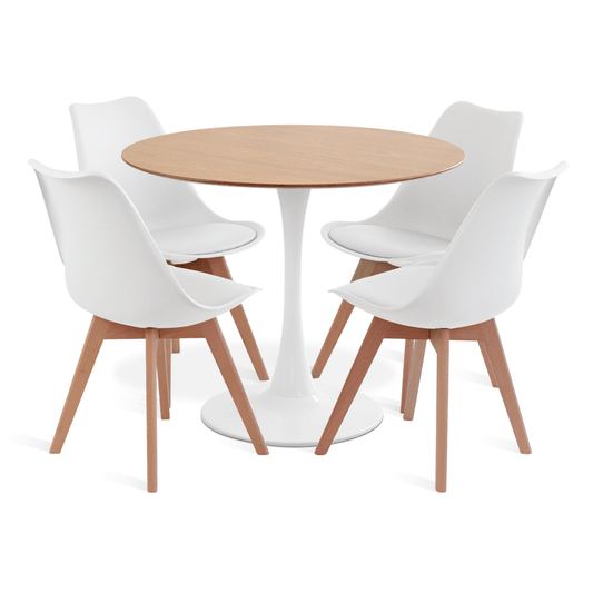 Comedor Mesa Tulip Wood Blanca Con 4 Sillas Tulip Acolchada Blancas