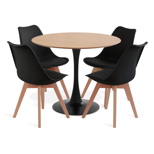 Comedor Mesa Tulip Wood Negra Con 4 Sillas Tulip Acolchada Negras