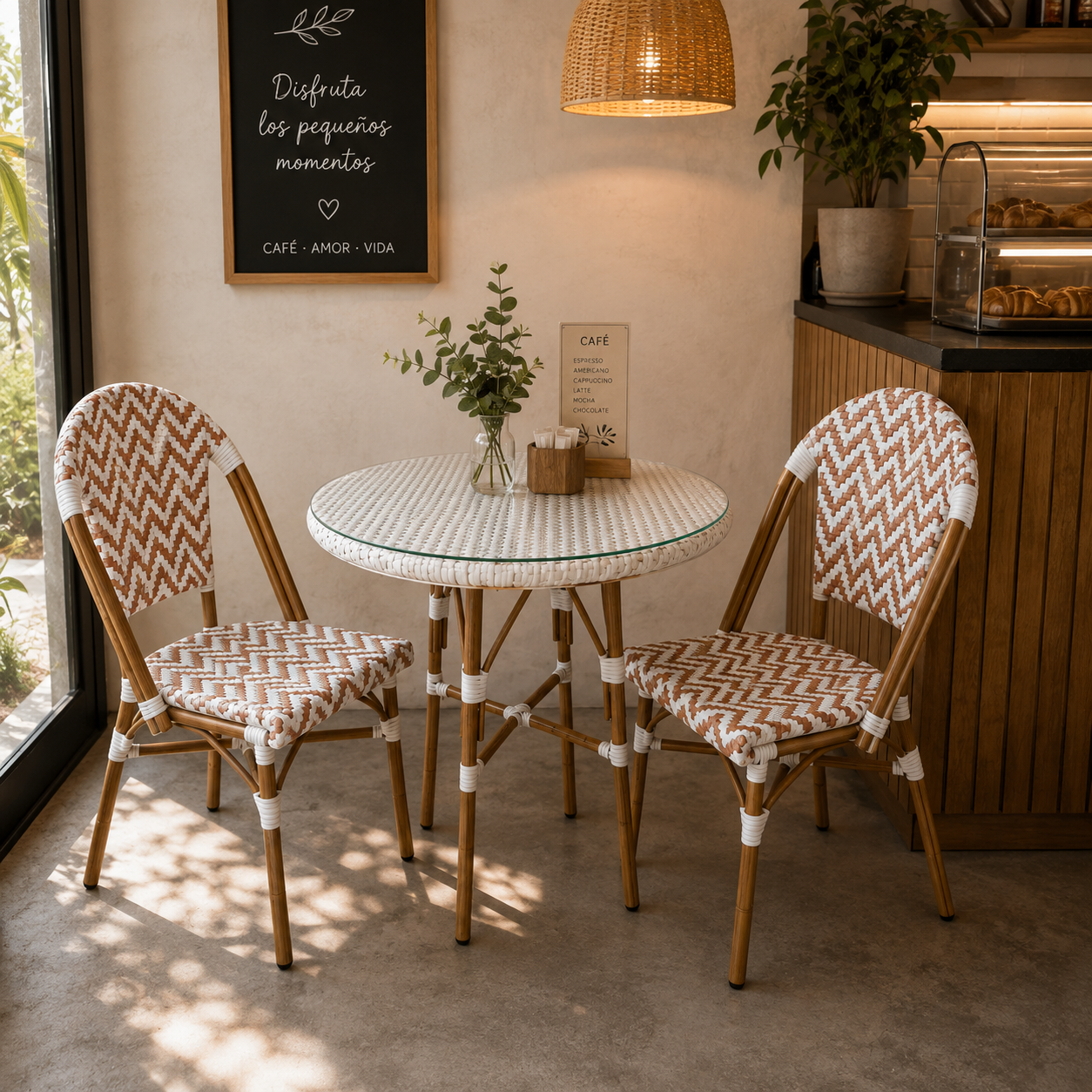 Comedor Parisino para Restaurante y Cafetería – Mesa Redonda 70 cm y 2 Sillas Beige