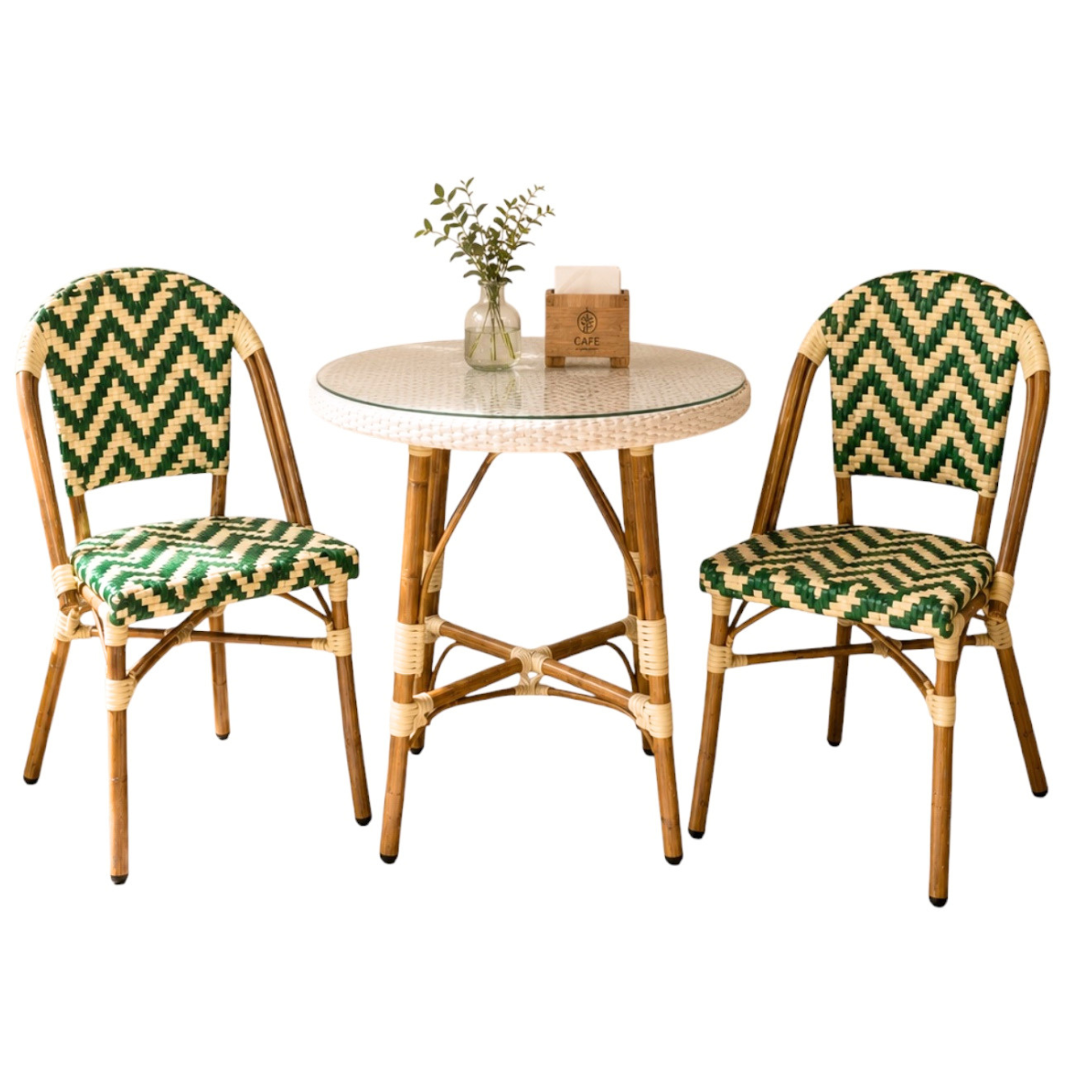 Comedor Parisino para Restaurante y Cafetería – Mesa Redonda 70 cm y 2 Sillas Verde