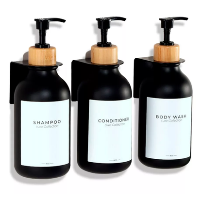 Dispensador Triple De Bambu Jabon Shampoo Acondicionador Negro