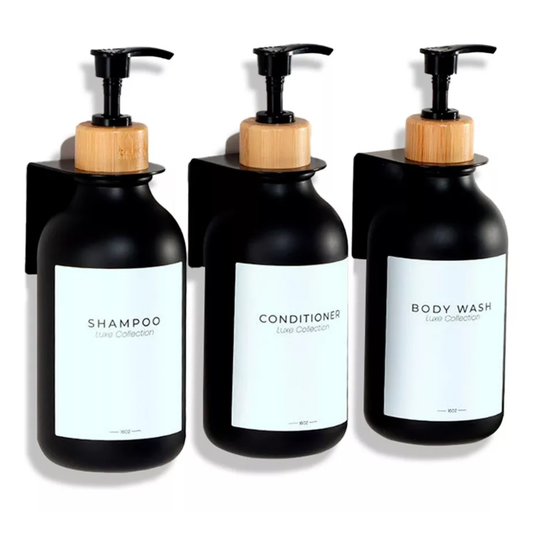 Dispensador Triple De Bambu Jabon Shampoo Acondicionador Negro