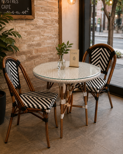 Comedor Parisino para Restaurante y Cafetería – Mesa Redonda 70 cm y 2 Sillas Blancas
