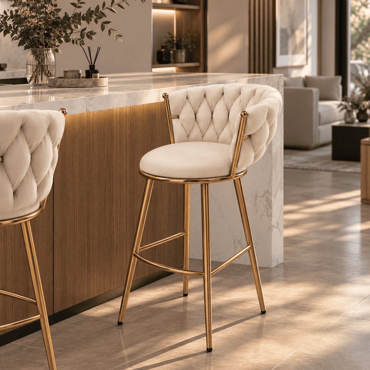 Pack 2 Taburetes Queen Fijo 66cm Beige base Dorada