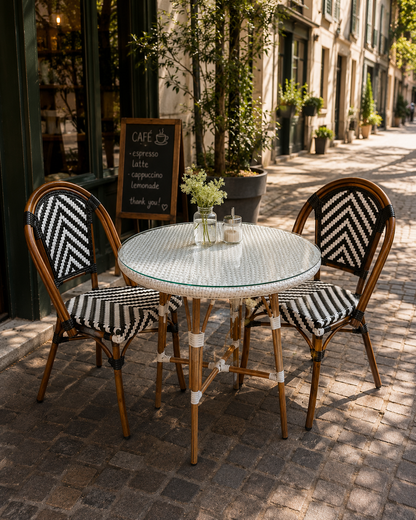 Comedor Parisino para Restaurante y Cafetería – Mesa Redonda 70 cm y 2 Sillas Blancas