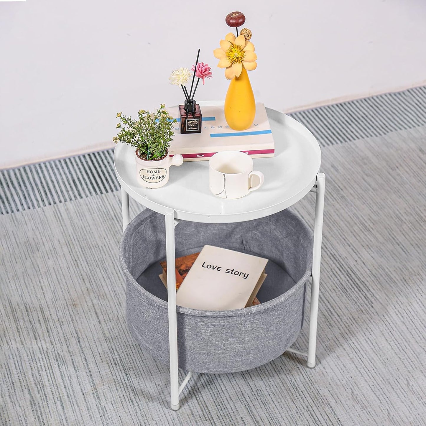 Mesa Lateral Auxiliar 2 Niveles con Cesta 42x42x52cm Blanca