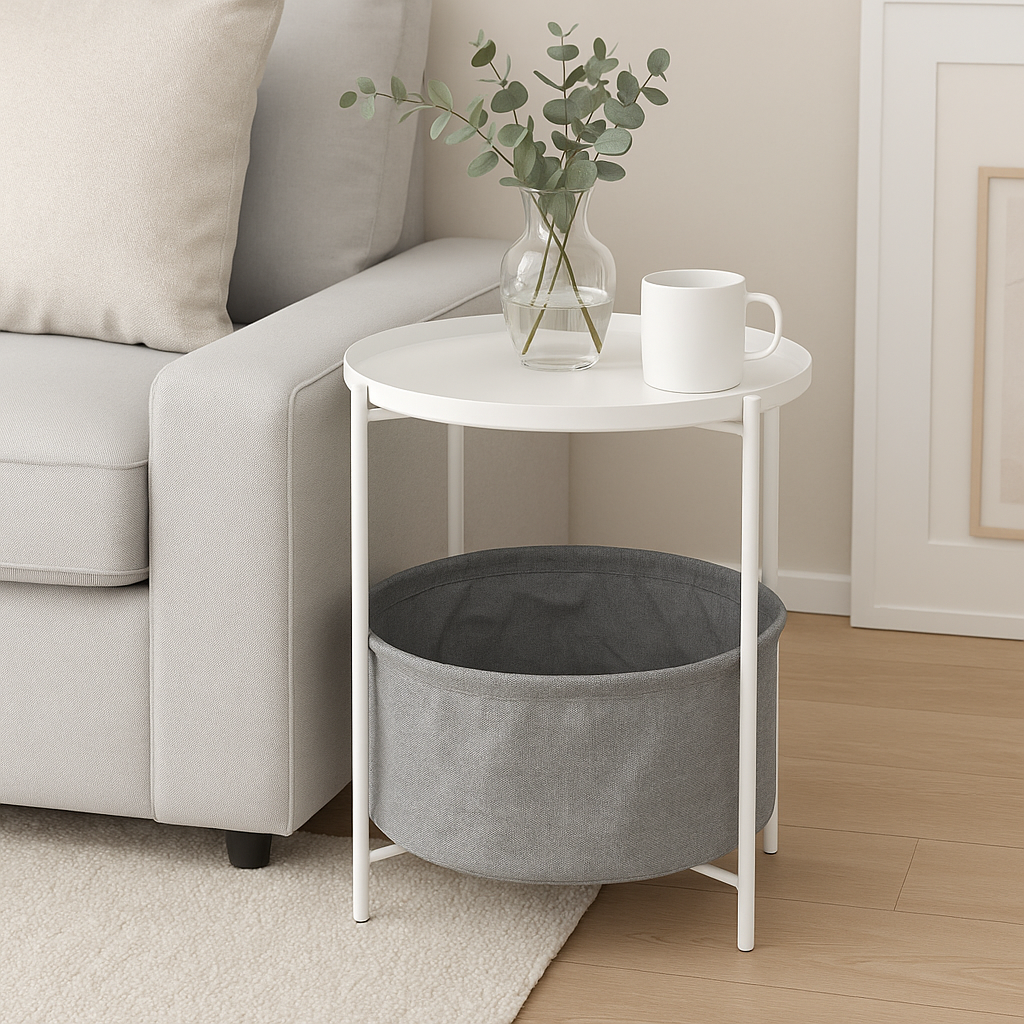 Mesa Lateral Auxiliar 2 Niveles con Cesta 42x42x52cm Blanca