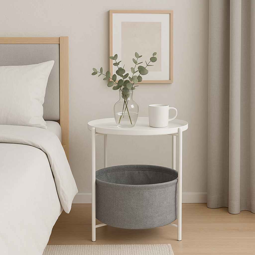 Mesa Lateral Auxiliar 2 Niveles con Cesta 42x42x52cm Blanca
