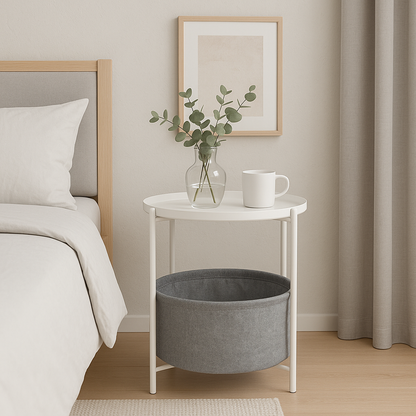 Mesa Lateral Auxiliar 2 Niveles con Cesta 42x42x52cm Blanca