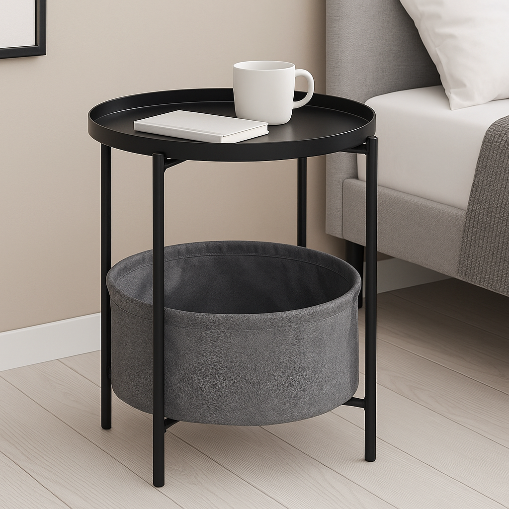 Mesa Lateral Auxiliar 2 Niveles con Cesta 42x42x52cm Negro