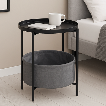 Mesa Lateral Auxiliar 2 Niveles con Cesta 42x42x52cm Negro