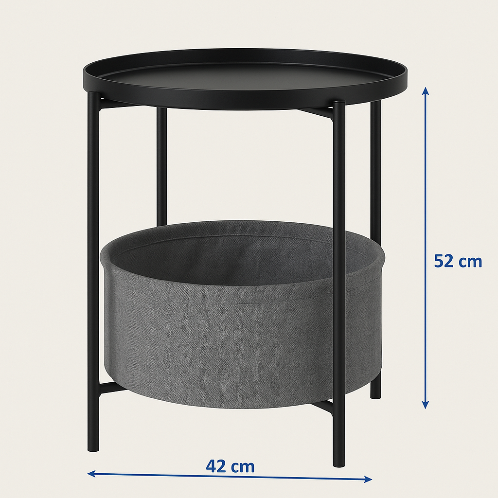 Mesa Lateral Auxiliar 2 Niveles con Cesta 42x42x52cm Negro