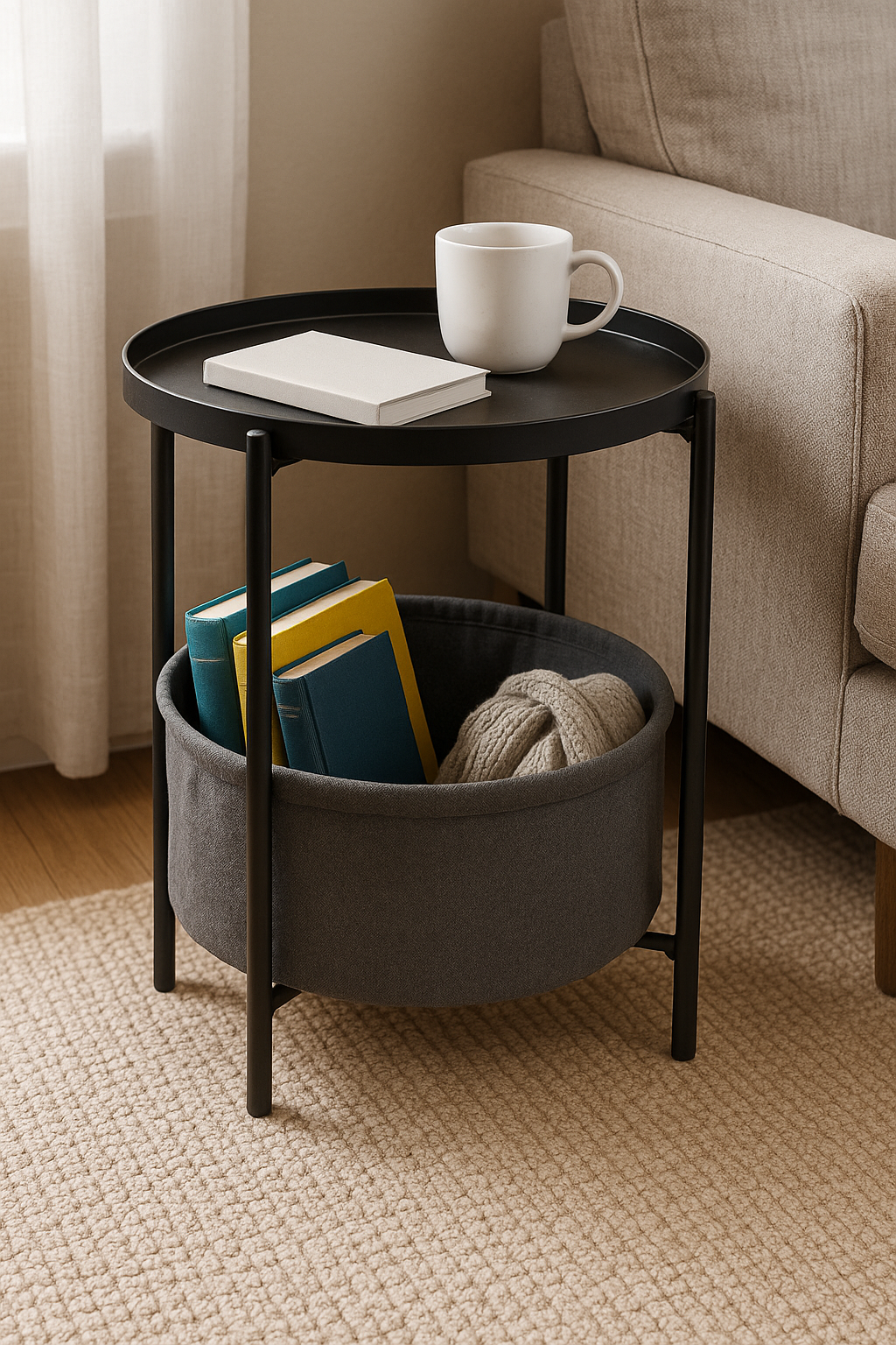 Mesa Lateral Auxiliar 2 Niveles con Cesta 42x42x52cm Negro