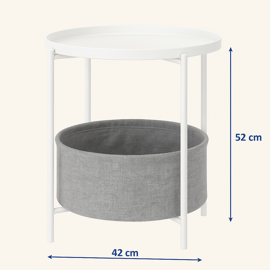 Mesa Lateral Auxiliar 2 Niveles con Cesta 42x42x52cm Blanca