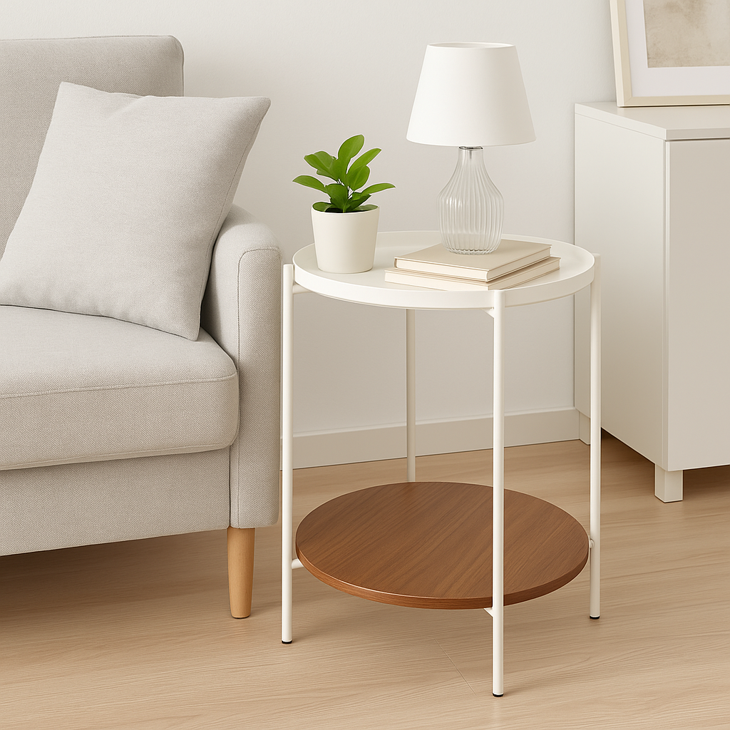 Mesa Lateral Auxiliar 2 Niveles Madera 42x42x52cm Blanco
