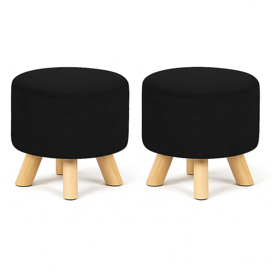 Pack 2 Puff Redondo De Terciopelo Con Patas De Madera Negro