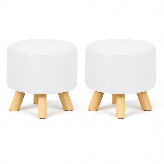 Pack 2 Puff Redondo De Terciopelo Con Patas De Madera Blancos