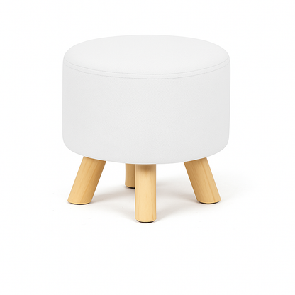 Puff Redondo De Terciopelo Con Patas De Madera Blanco