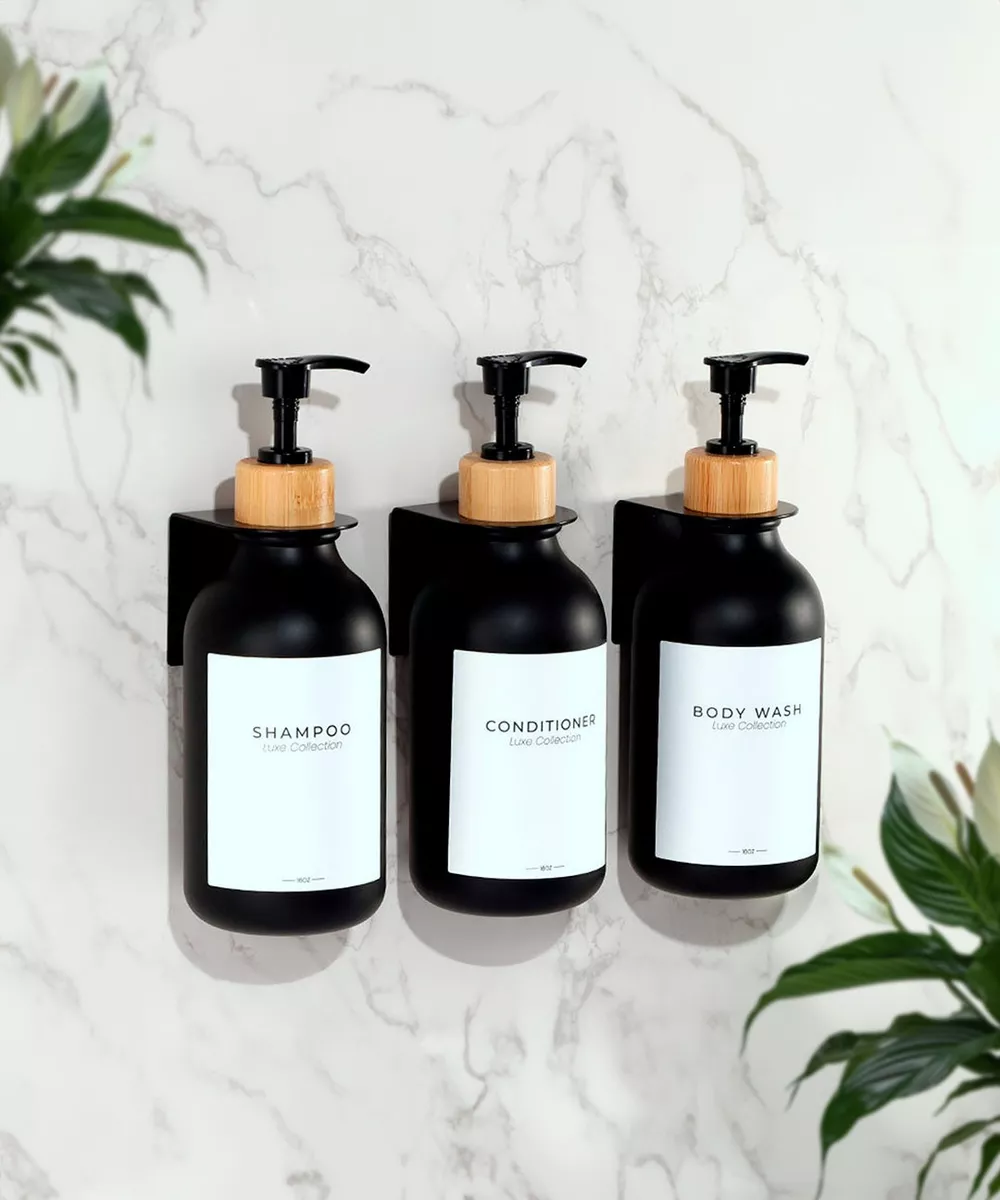 Dispensador Triple De Bambu Jabon Shampoo Acondicionador Negro
