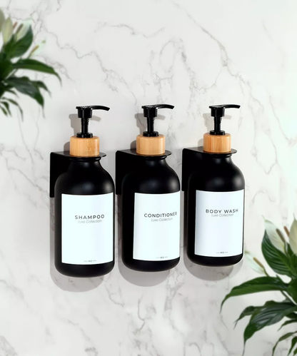 Dispensador Triple De Bambu Jabon Shampoo Acondicionador Negro