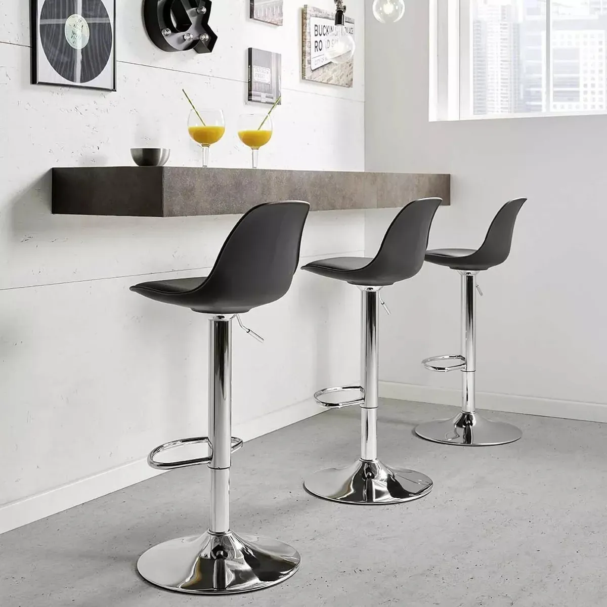 Taburete Eames con Altura Regulable Base Cromada para Cocina o Bar Negro