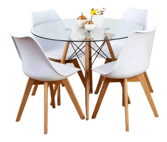 Comedor Mesa Eames Redonda De Vidrio 100cm Y 4 Sillas Tulip Blancas