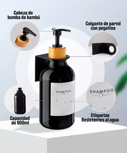 Dispensador Triple De Bambu Jabon Shampoo Acondicionador Negro