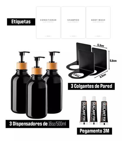 Dispensador Triple De Bambu Jabon Shampoo Acondicionador Marron