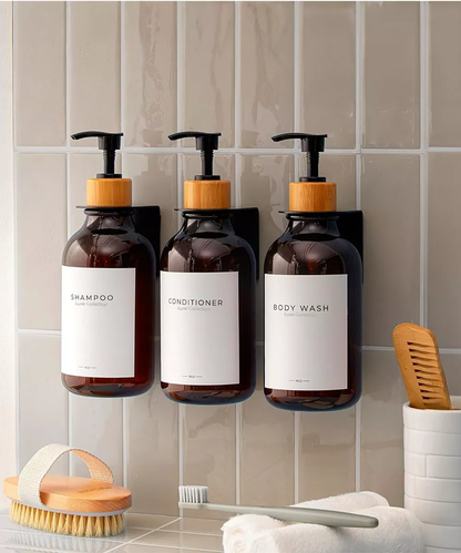 Dispensador Triple De Bambu Jabon Shampoo Acondicionador Marron