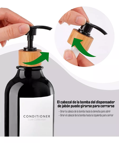 Dispensador Triple De Bambu Jabon Shampoo Acondicionador Marron