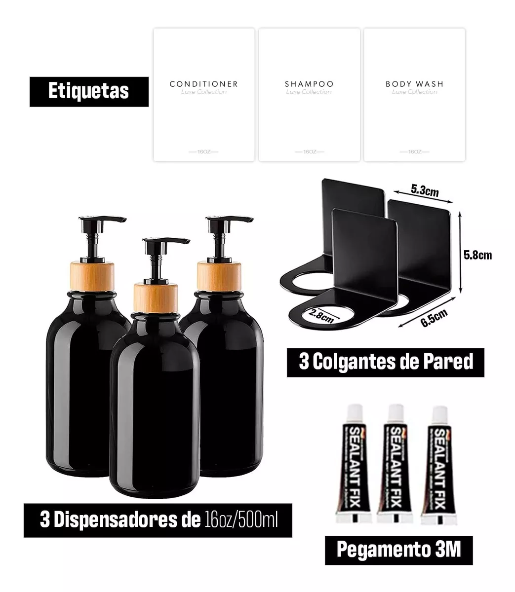 Dispensador Triple De Bambu Jabon Shampoo Acondicionador Negro