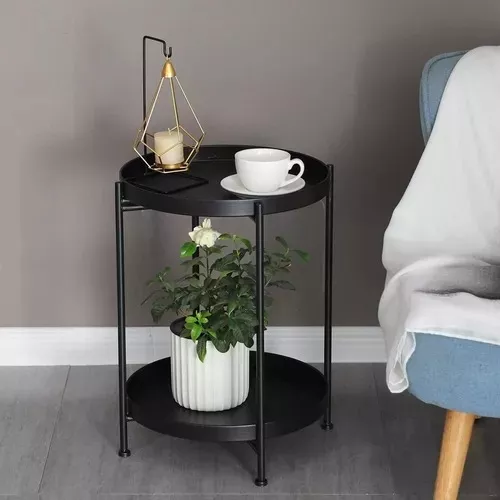 Mesa Lateral Auxiliar 2 Niveles Metalica 42x42x52cm Negro
