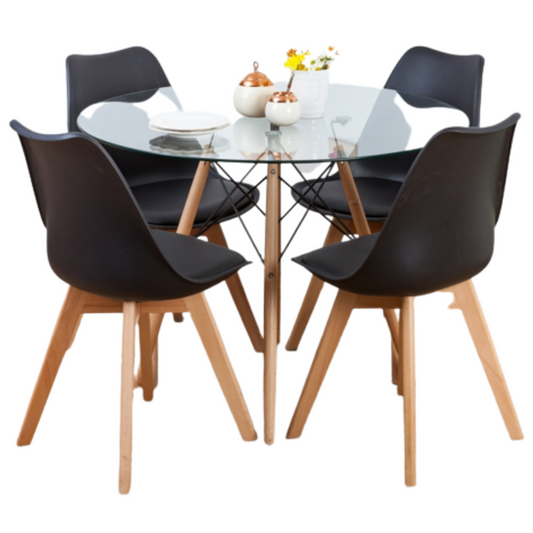 Comedor Mesa Eames Redonda De Vidrio 100cm Y 4 Sillas Tulip Negras