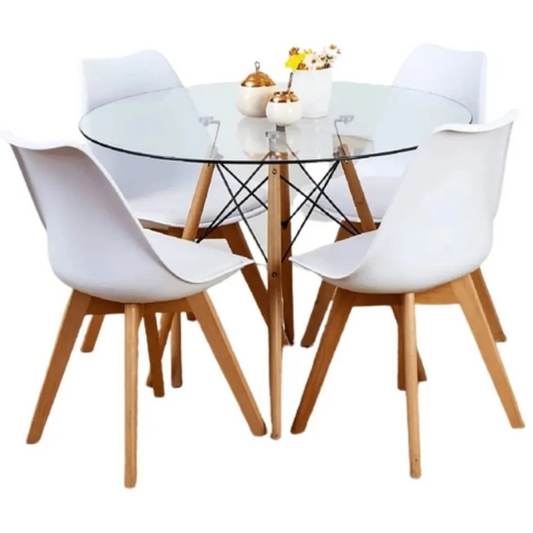 Comedor Mesa Eames Redonda De Vidrio 100cm Y 4 Sillas Tulip Blancas