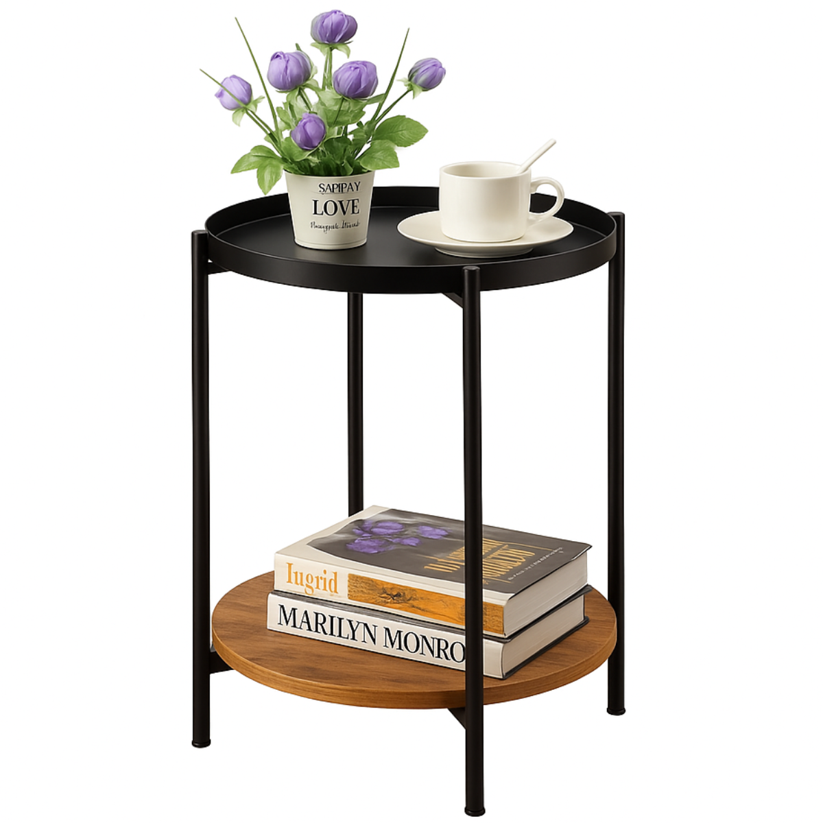 Mesa Lateral Auxiliar 2 Niveles Madera 42x42x52cm Negro