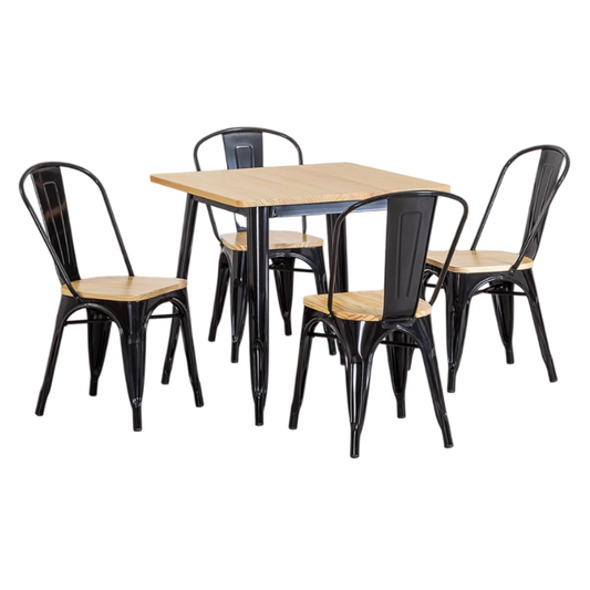 Comedor Tolix Mesa Cuadrada 70x70cm Y 4 Sillas Tolix Asiento Madera