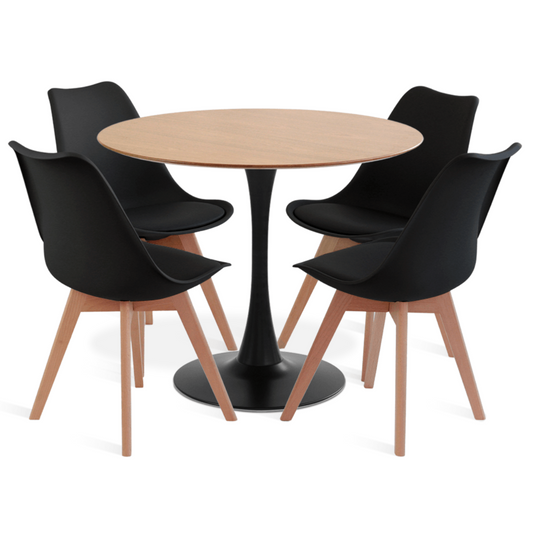 Comedor Mesa Tulip Wood Negra Con 4 Sillas Tulip Acolchada Negras