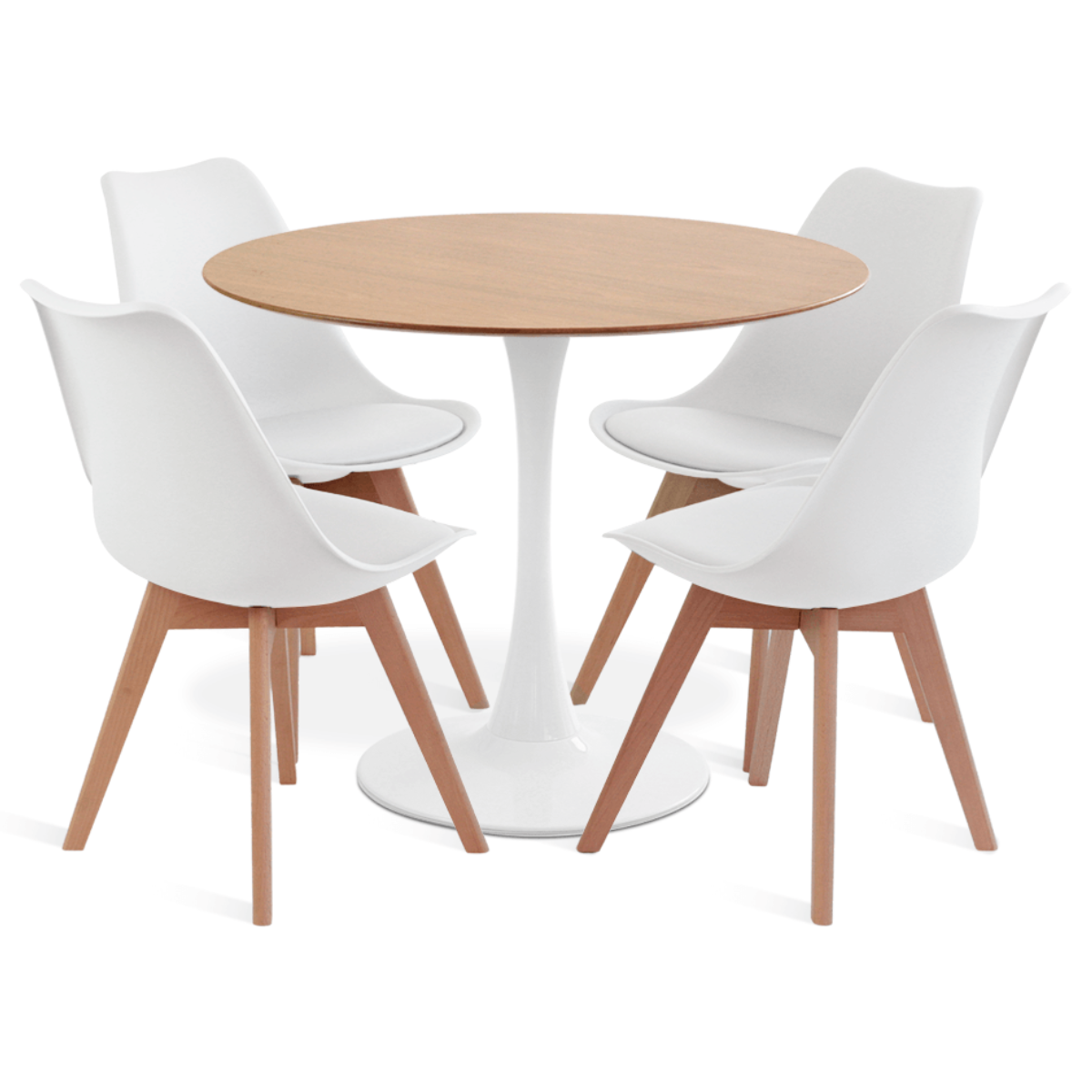 Comedor Mesa Tulip Wood Blanca Con 4 Sillas Tulip Acolchada Blancas