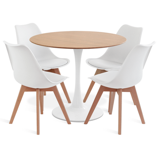 Comedor Mesa Tulip Wood Blanca Con 4 Sillas Tulip Acolchada Blancas